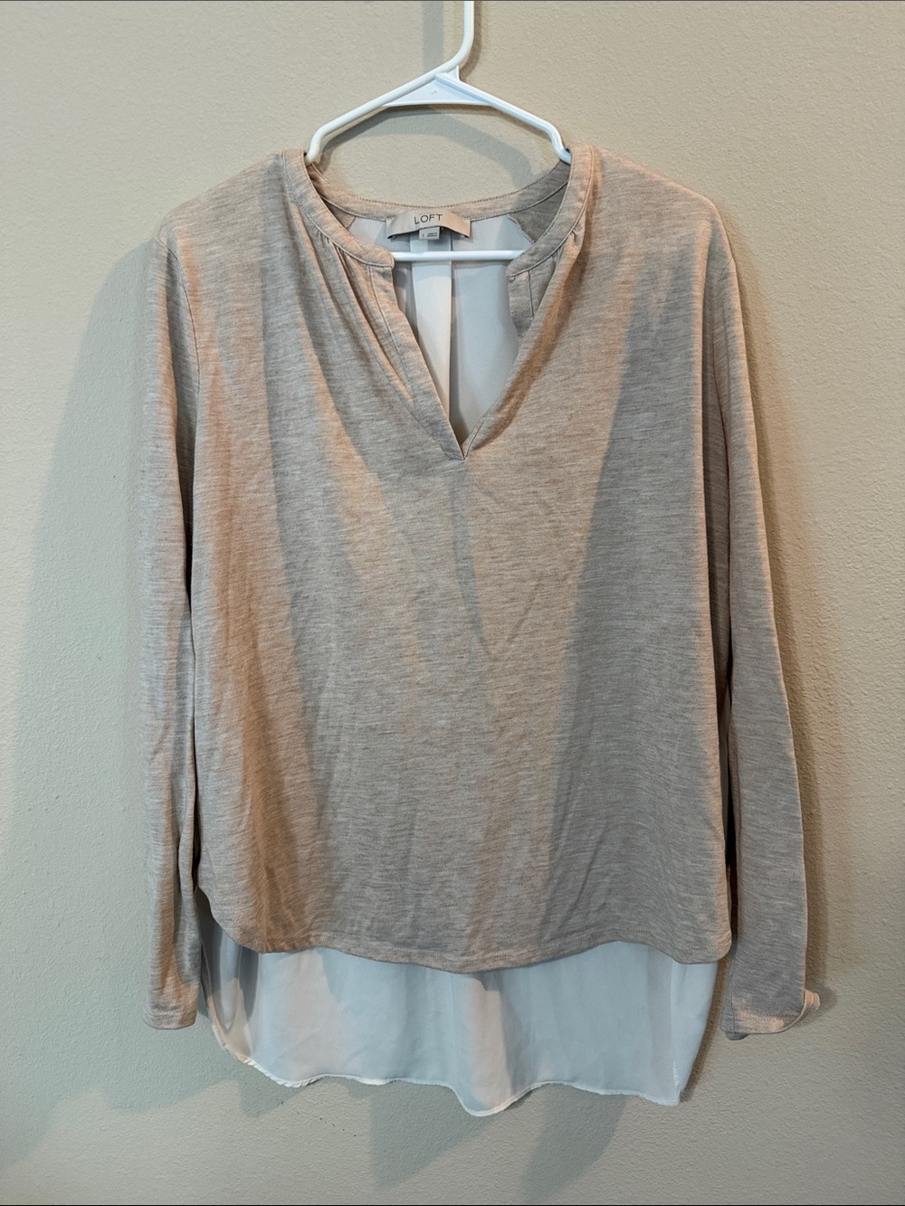 LOFT Light Beige Layered V-Neck Tunic with White Hem